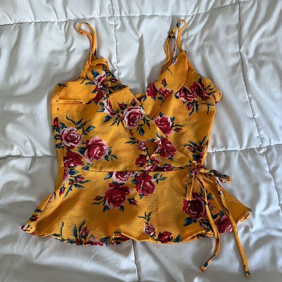 H&M Mustard Yellow Kimono Wrap Cami with Floral Print & Ruffles - Picture 1 of 6